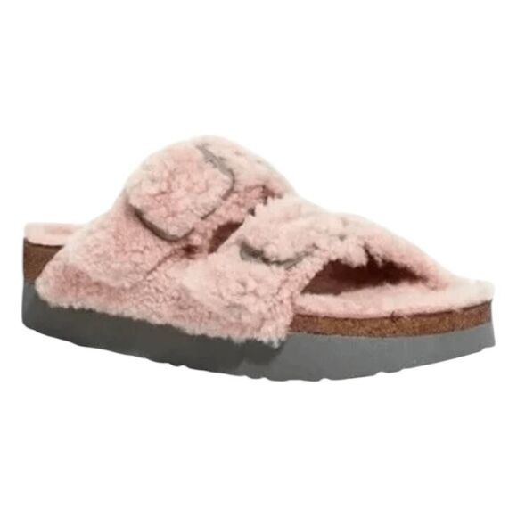 Birkenstock Papillio Arizona Big Buckle Shearling Pink Slip-On Sandals - Picture 2 of 7